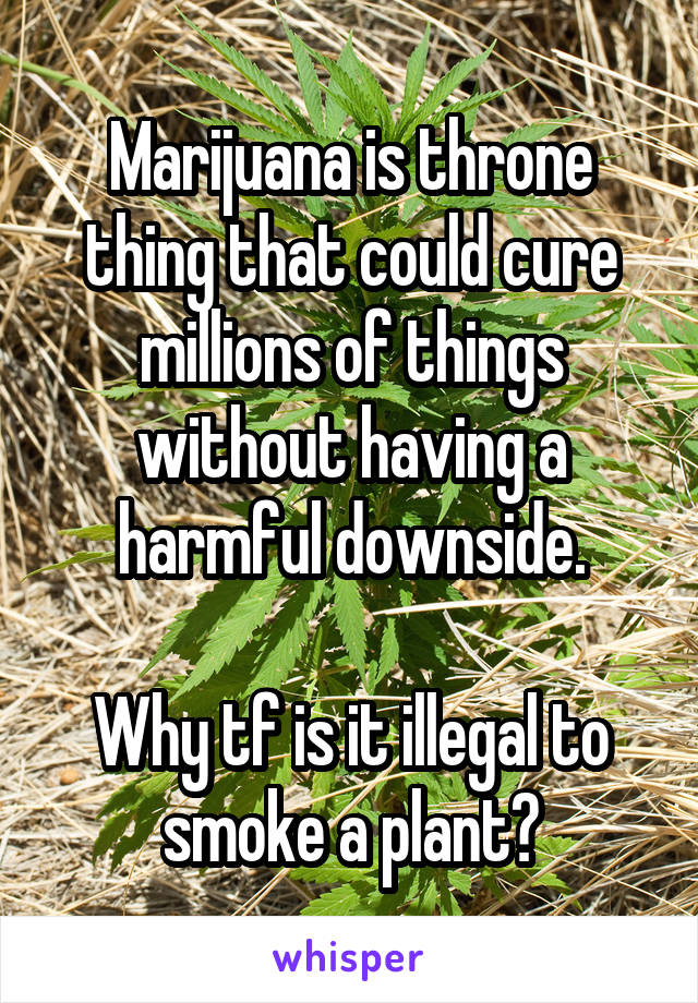 Marijuana is throne thing that could cure millions of things without having a harmful downside.

Why tf is it illegal to smoke a plant?
