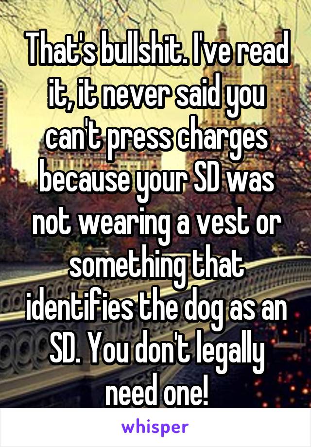 That's bullshit. I've read it, it never said you can't press charges because your SD was not wearing a vest or something that identifies the dog as an SD. You don't legally need one!