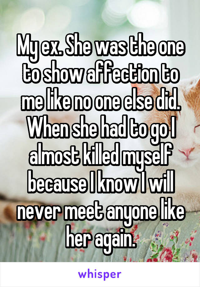 My ex. She was the one to show affection to me like no one else did. When she had to go I almost killed myself because I know I will never meet anyone like her again.