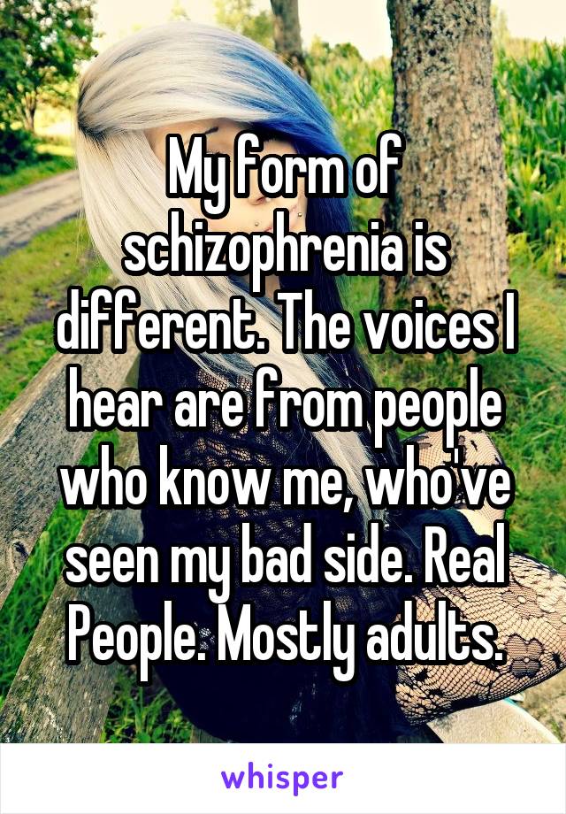 My form of schizophrenia is different. The voices I hear are from people who know me, who've seen my bad side. Real People. Mostly adults.