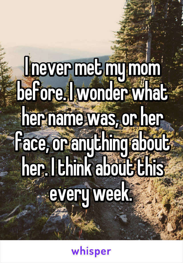 I never met my mom before. I wonder what her name was, or her face, or anything about her. I think about this every week. 
