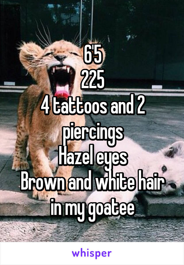 6'5
225
4 tattoos and 2 piercings
Hazel eyes
Brown and white hair in my goatee