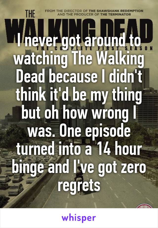 I never got around to watching The Walking Dead because I didn't think it'd be my thing but oh how wrong I was. One episode turned into a 14 hour binge and I've got zero regrets