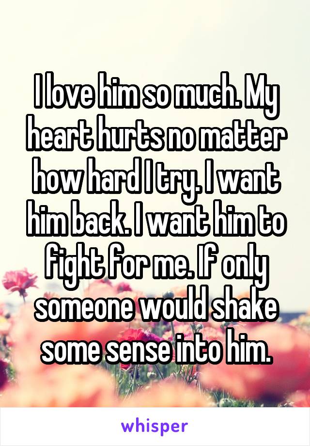 I love him so much. My heart hurts no matter how hard I try. I want him back. I want him to fight for me. If only someone would shake some sense into him.