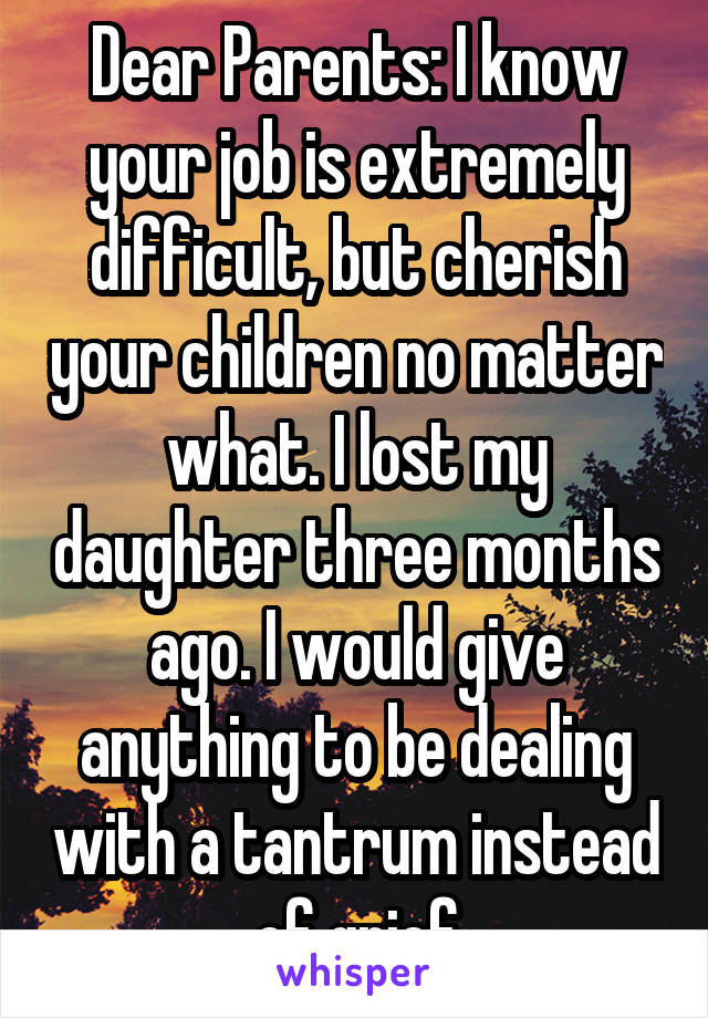 Dear Parents: I know your job is extremely difficult, but cherish your children no matter what. I lost my daughter three months ago. I would give anything to be dealing with a tantrum instead of grief