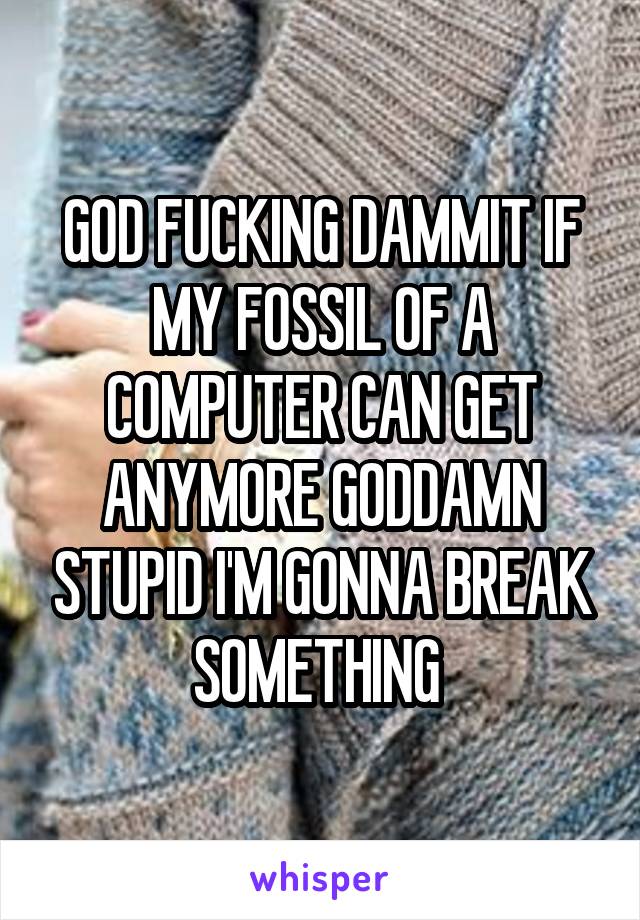 GOD FUCKING DAMMIT IF MY FOSSIL OF A COMPUTER CAN GET ANYMORE GODDAMN STUPID I'M GONNA BREAK SOMETHING 