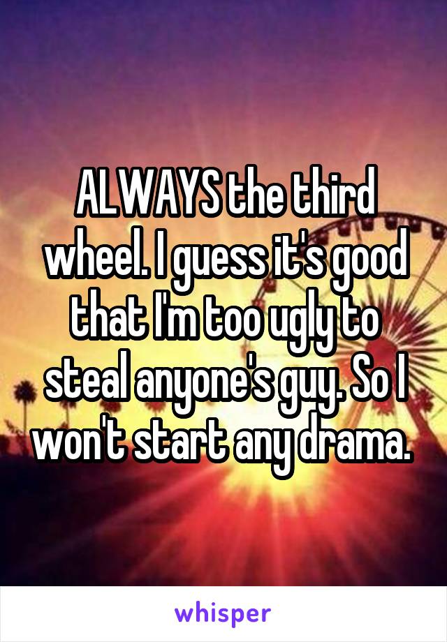 ALWAYS the third wheel. I guess it's good that I'm too ugly to steal anyone's guy. So I won't start any drama. 