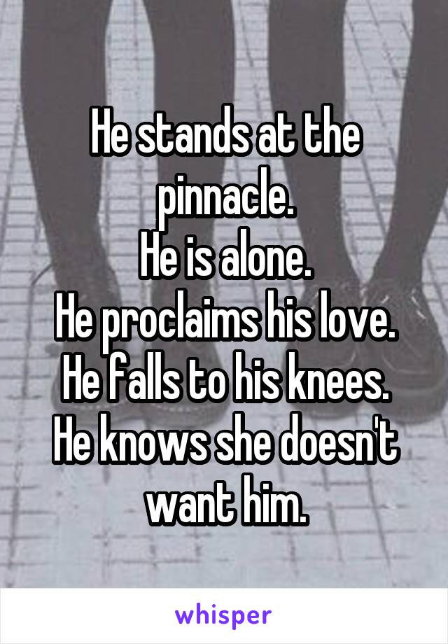 He stands at the pinnacle.
He is alone.
He proclaims his love.
He falls to his knees.
He knows she doesn't want him.