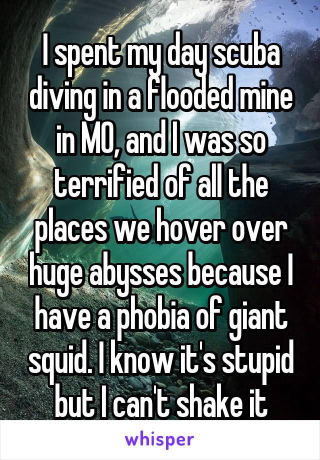 I spent my day scuba diving in a flooded mine in MO, and I was so terrified of all the places we hover over huge abysses because I have a phobia of giant squid. I know it's stupid but I can't shake it