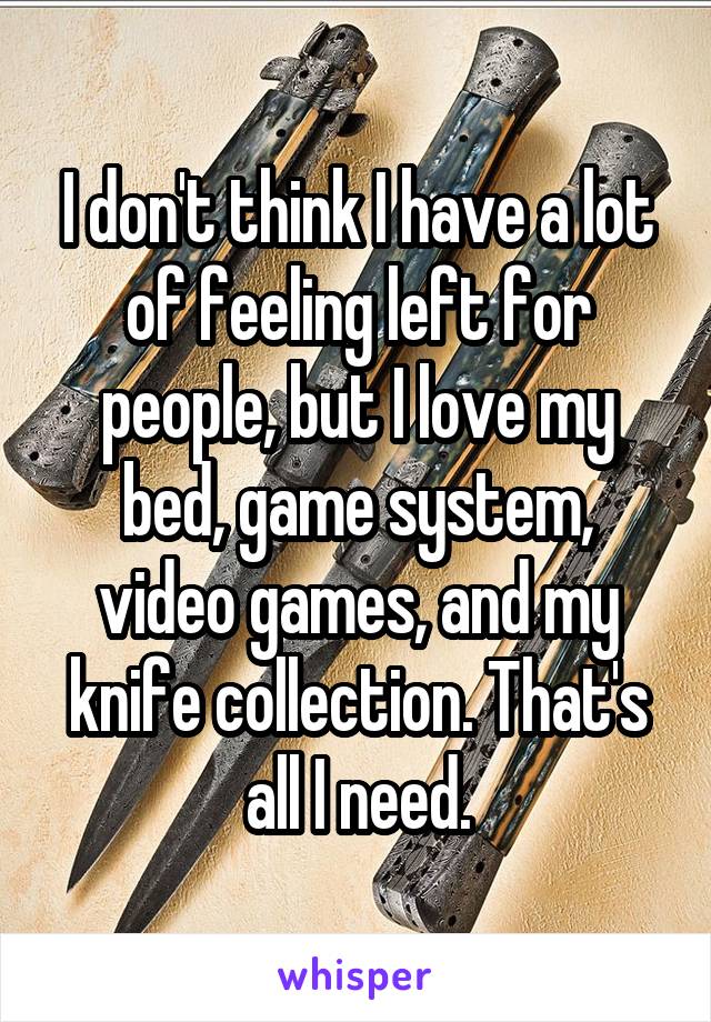 I don't think I have a lot of feeling left for people, but I love my bed, game system, video games, and my knife collection. That's all I need.