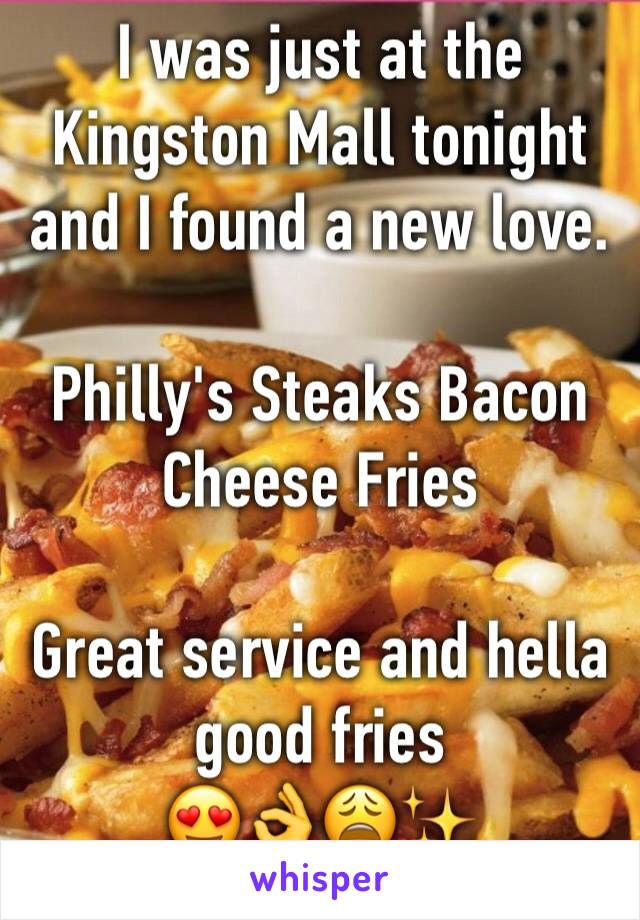 I was just at the Kingston Mall tonight and I found a new love.

Philly's Steaks Bacon Cheese Fries

Great service and hella good fries
😍👌😩✨