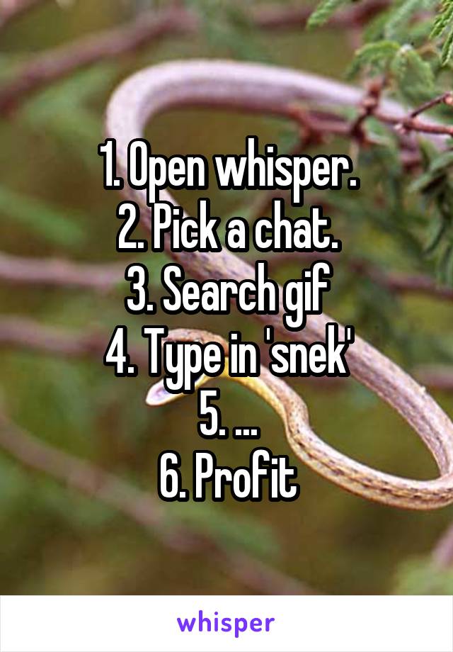 1. Open whisper.
2. Pick a chat.
3. Search gif
4. Type in 'snek'
5. ...
6. Profit