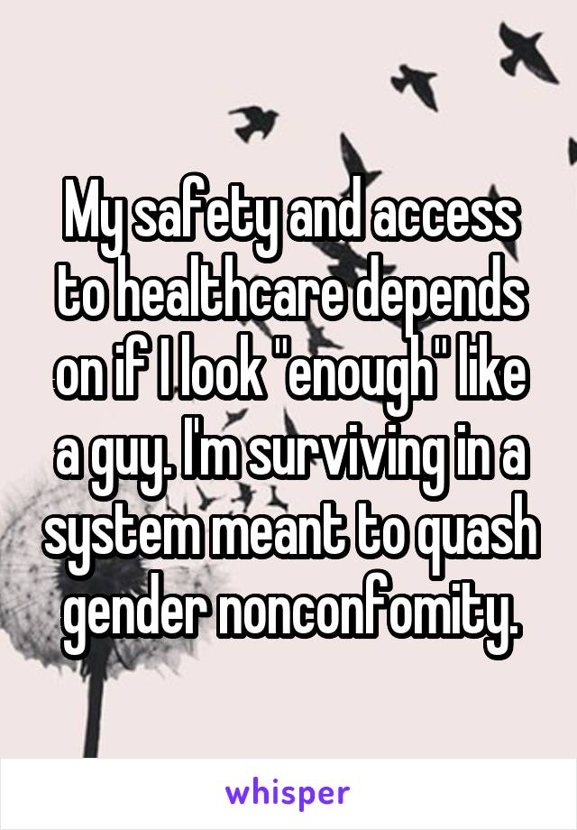 My safety and access to healthcare depends on if I look "enough" like a guy. I'm surviving in a system meant to quash gender nonconfomity.