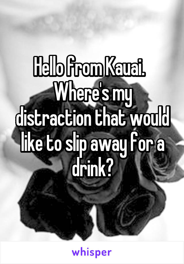 Hello from Kauai.  
Where's my distraction that would like to slip away for a drink?
