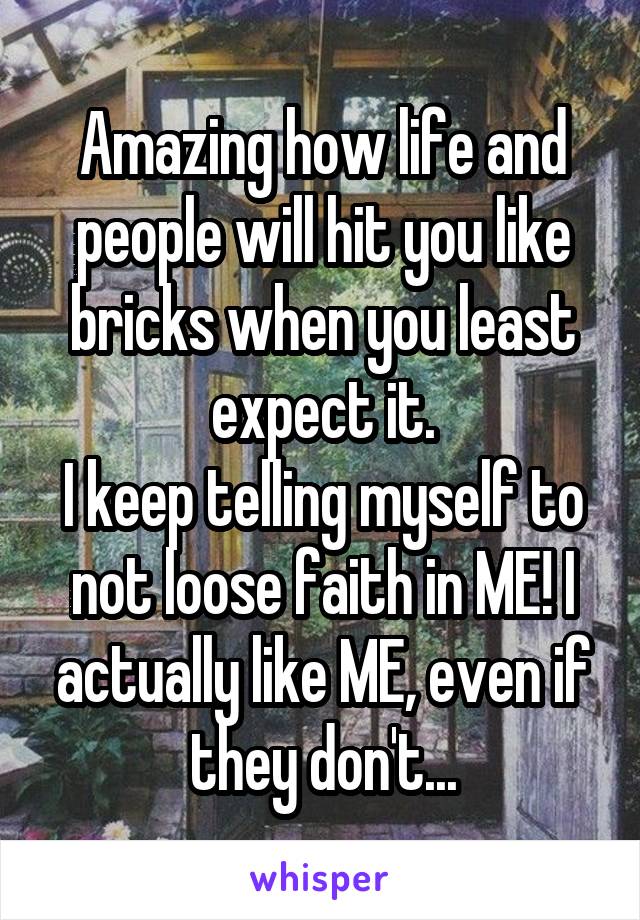 Amazing how life and people will hit you like bricks when you least expect it.
I keep telling myself to not loose faith in ME! I actually like ME, even if they don't...