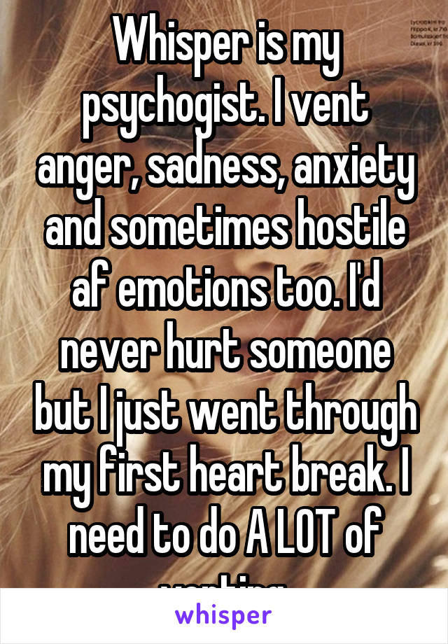 Whisper is my psychogist. I vent anger, sadness, anxiety and sometimes hostile af emotions too. I'd never hurt someone but I just went through my first heart break. I need to do A LOT of venting.