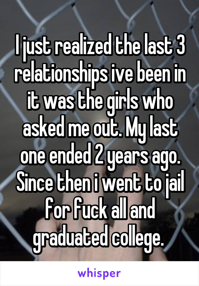 I just realized the last 3 relationships ive been in it was the girls who asked me out. My last one ended 2 years ago. Since then i went to jail for fuck all and graduated college. 