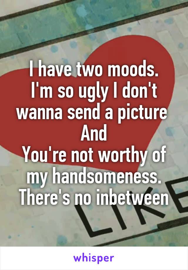 I have two moods.
I'm so ugly I don't wanna send a picture 
And
You're not worthy of my handsomeness.
There's no inbetween