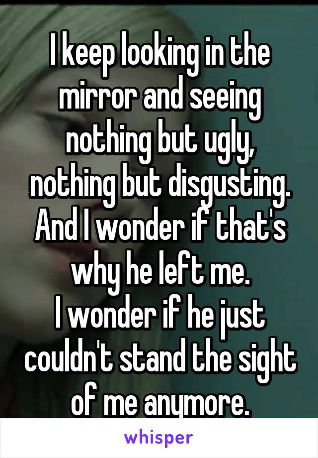 I keep looking in the mirror and seeing nothing but ugly, nothing but disgusting.
And I wonder if that's why he left me.
I wonder if he just couldn't stand the sight of me anymore.