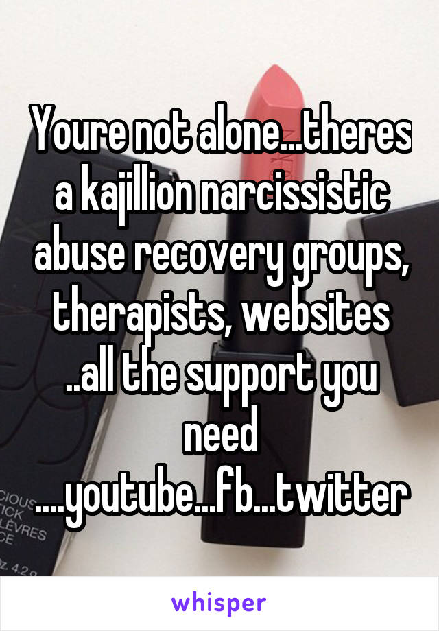 Youre not alone...theres a kajillion narcissistic abuse recovery groups, therapists, websites ..all the support you need ....youtube...fb...twitter