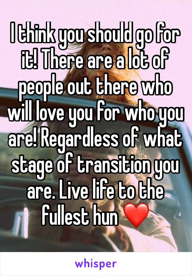 I think you should go for it! There are a lot of people out there who will love you for who you are! Regardless of what stage of transition you are. Live life to the fullest hun ❤️