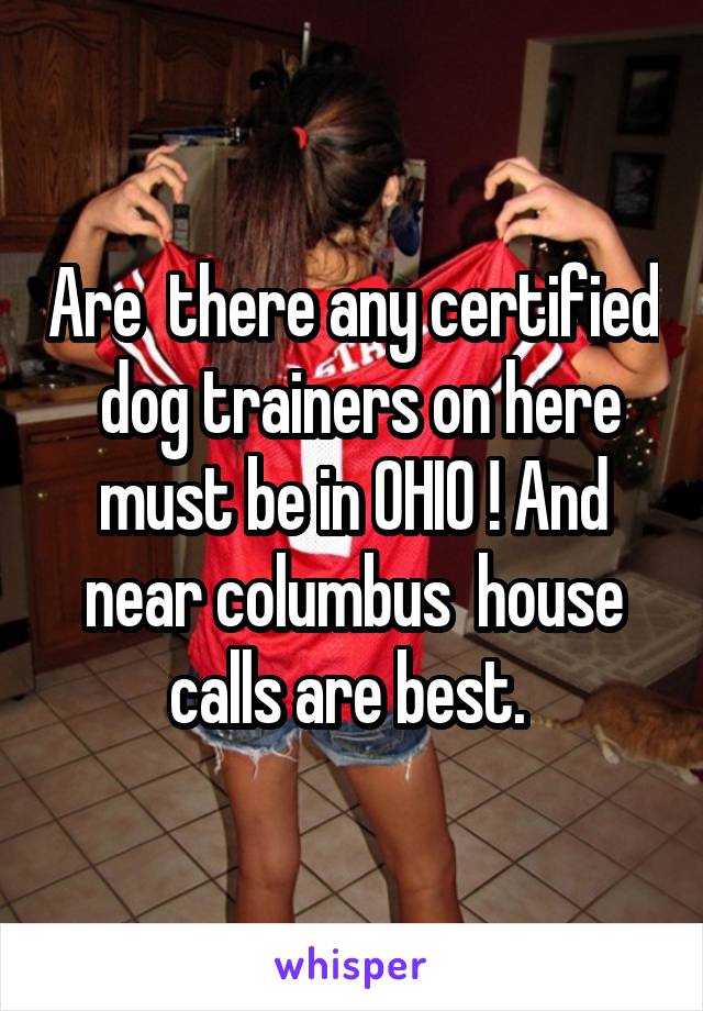 Are  there any certified  dog trainers on here must be in OHIO ! And near columbus  house calls are best. 