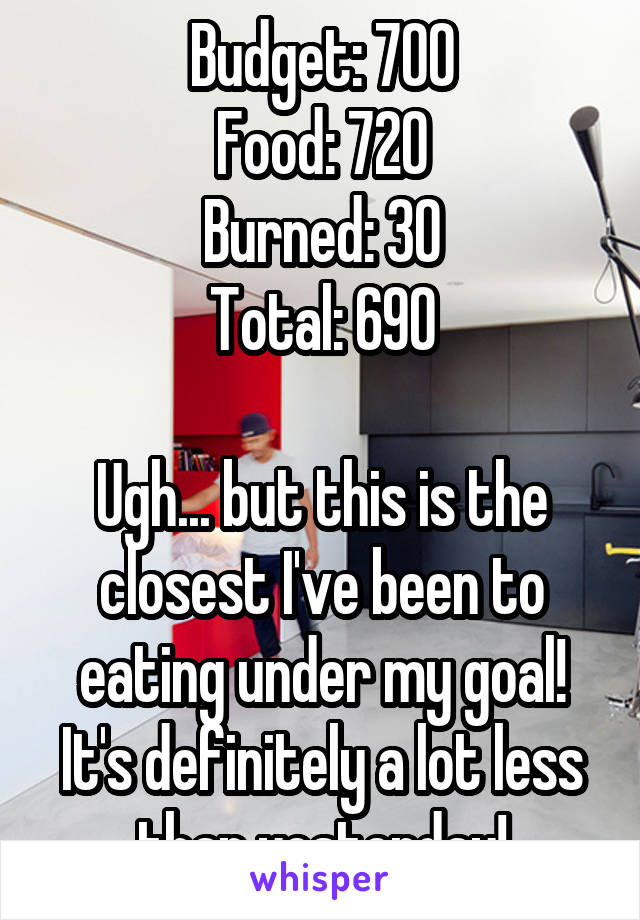 Budget: 700
Food: 720
Burned: 30
Total: 690

Ugh... but this is the closest I've been to eating under my goal! It's definitely a lot less than yesterday!