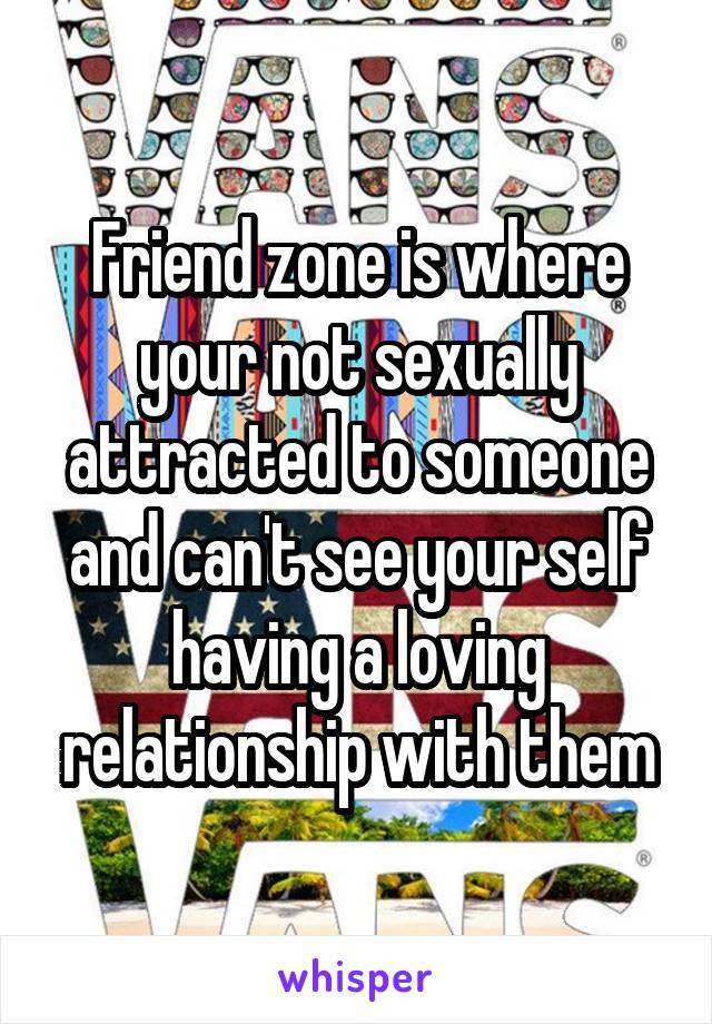 Friend zone is where your not sexually attracted to someone and can't see your self having a loving relationship with them