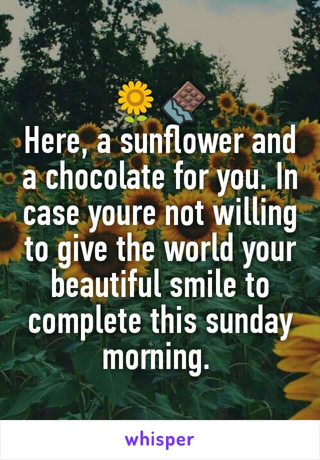 🌻🍫
Here, a sunflower and a chocolate for you. In case youre not willing to give the world your beautiful smile to complete this sunday morning. 