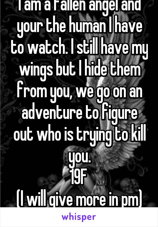 I am a fallen angel and your the human I have to watch. I still have my wings but I hide them from you, we go on an adventure to figure out who is trying to kill you.
19F 
(I will give more in pm)
