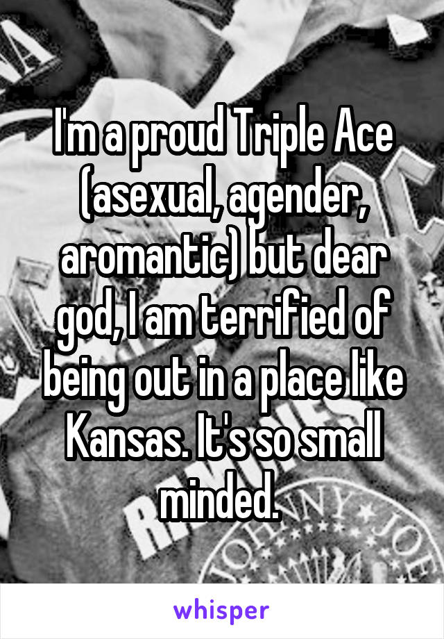 I'm a proud Triple Ace (asexual, agender, aromantic) but dear god, I am terrified of being out in a place like Kansas. It's so small minded. 