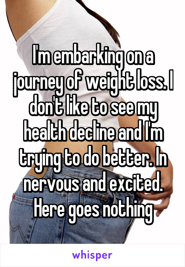 I'm embarking on a journey of weight loss. I don't like to see my health decline and I'm trying to do better. In nervous and excited. Here goes nothing