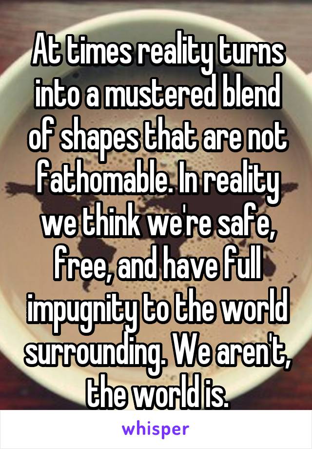 At times reality turns into a mustered blend of shapes that are not fathomable. In reality we think we're safe, free, and have full impugnity to the world surrounding. We aren't, the world is.