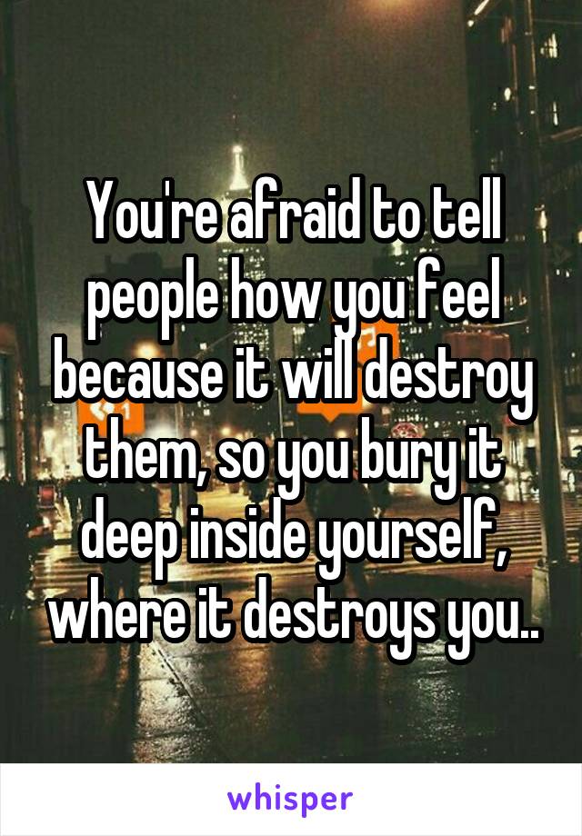 You're afraid to tell people how you feel because it will destroy them, so you bury it deep inside yourself, where it destroys you..