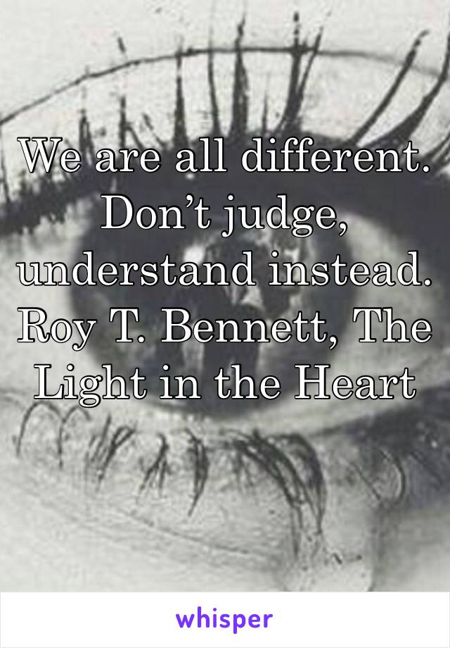 We are all different. Don’t judge, understand instead.
Roy T. Bennett, The Light in the Heart