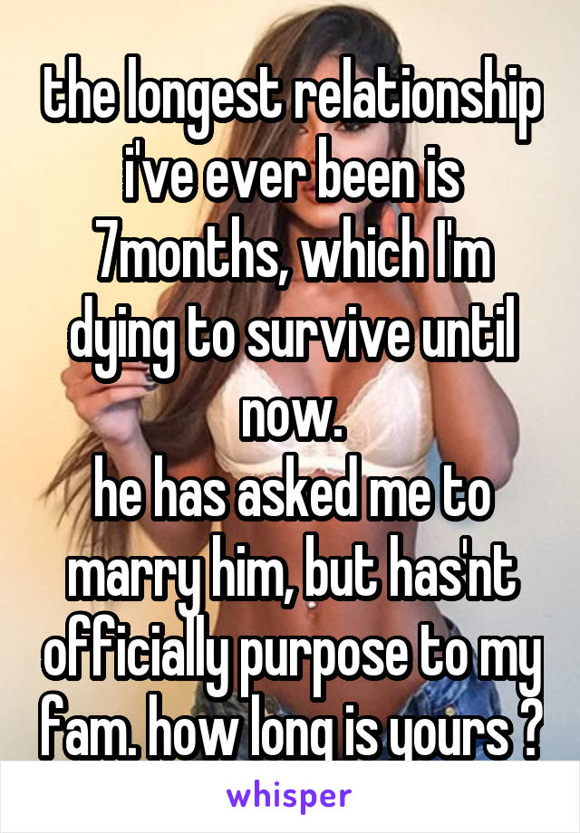 the longest relationship i've ever been is 7months, which I'm dying to survive until now.
he has asked me to marry him, but has'nt officially purpose to my fam. how long is yours ?