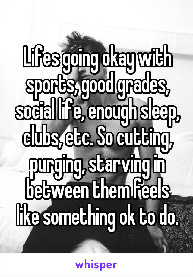 Lifes going okay with sports, good grades, social life, enough sleep, clubs, etc. So cutting, purging, starving in between them feels like something ok to do.