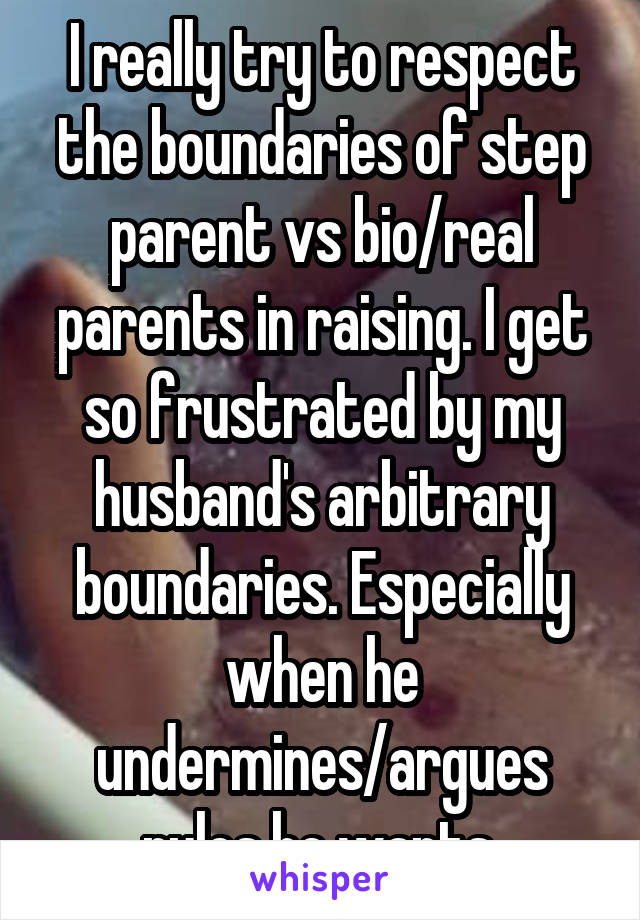 I really try to respect the boundaries of step parent vs bio/real parents in raising. I get so frustrated by my husband's arbitrary boundaries. Especially when he undermines/argues rules he wants.