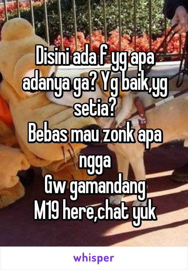 Disini ada f yg apa adanya ga? Yg baik,yg setia?
Bebas mau zonk apa ngga
Gw gamandang
M19 here,chat yuk