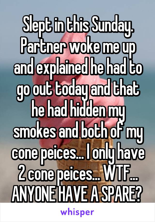 Slept in this Sunday. Partner woke me up and explained he had to go out today and that he had hidden my smokes and both of my cone peices... I only have 2 cone peices... WTF... ANYONE HAVE A SPARE? 