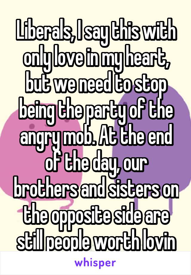 Liberals, I say this with only love in my heart, but we need to stop being the party of the angry mob. At the end of the day, our brothers and sisters on the opposite side are still people worth lovin