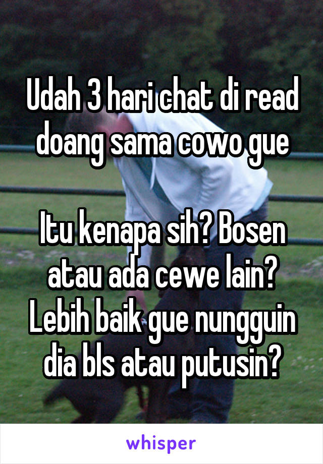 Udah 3 hari chat di read doang sama cowo gue

Itu kenapa sih? Bosen atau ada cewe lain?
Lebih baik gue nungguin dia bls atau putusin?