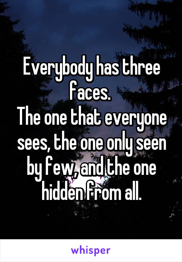 Everybody has three faces. 
The one that everyone sees, the one only seen by few, and the one hidden from all.