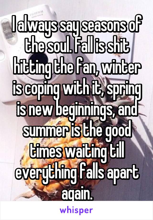 I always say seasons of the soul. Fall is shit hitting the fan, winter is coping with it, spring is new beginnings, and summer is the good times waiting till everything falls apart again.