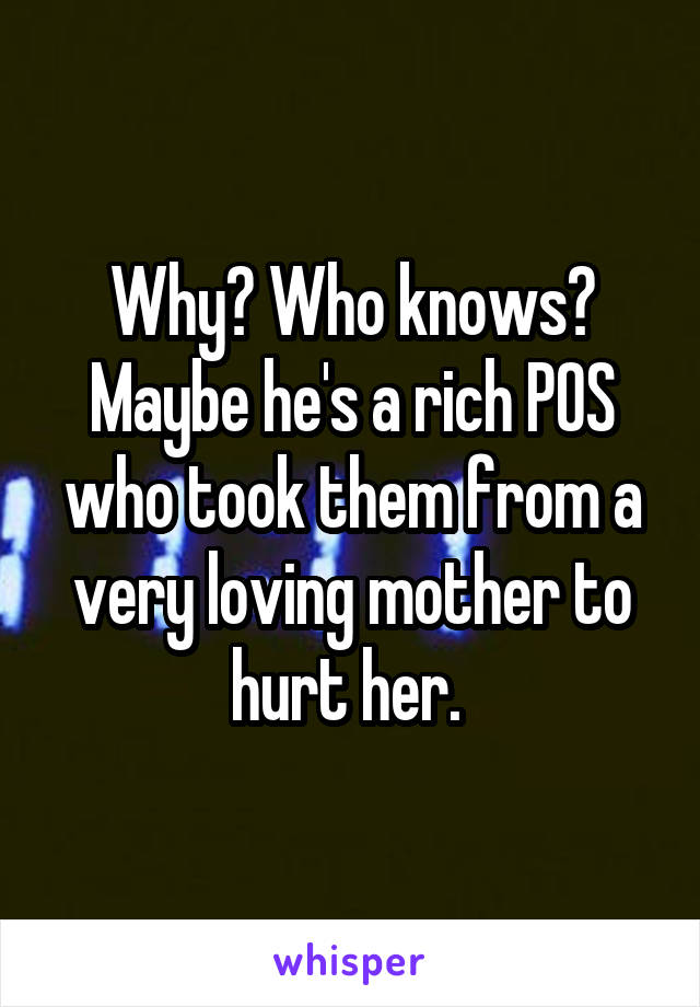 Why? Who knows? Maybe he's a rich POS who took them from a very loving mother to hurt her. 