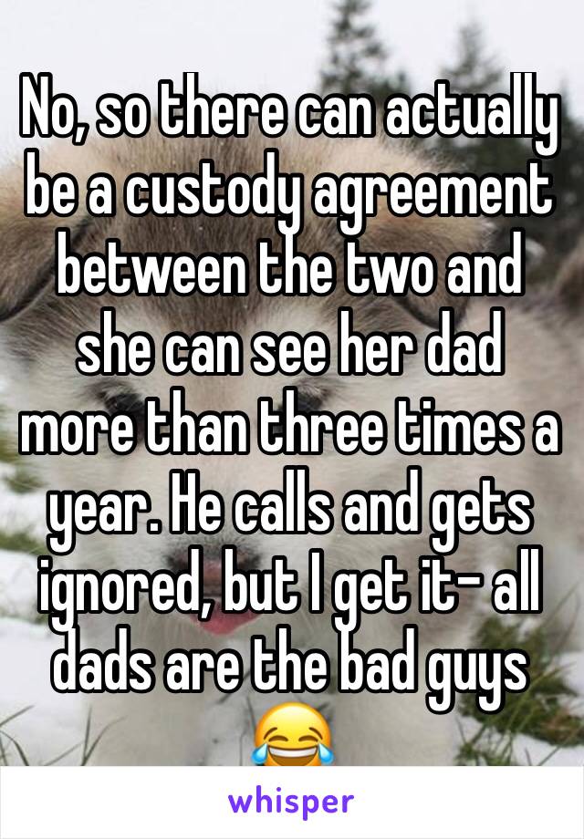 No, so there can actually be a custody agreement between the two and she can see her dad more than three times a year. He calls and gets ignored, but I get it- all dads are the bad guys 😂