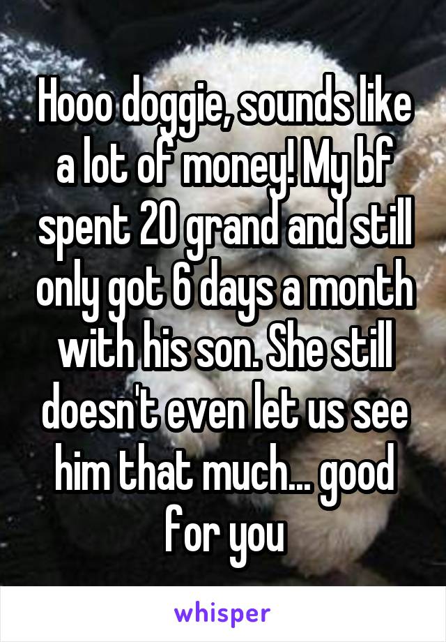 Hooo doggie, sounds like a lot of money! My bf spent 20 grand and still only got 6 days a month with his son. She still doesn't even let us see him that much... good for you