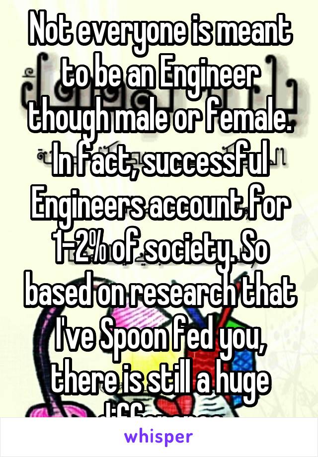 Not everyone is meant to be an Engineer though male or female. In fact, successful Engineers account for 1-2% of society. So based on research that I've Spoon fed you, there is still a huge difference