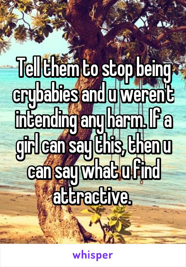 Tell them to stop being crybabies and u weren't intending any harm. If a girl can say this, then u can say what u find attractive. 