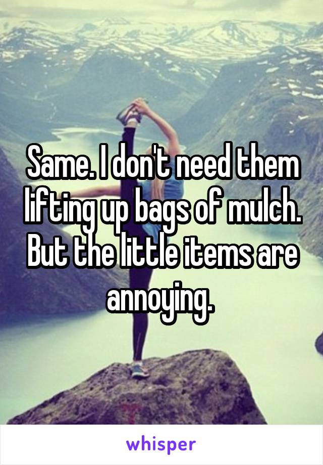 Same. I don't need them lifting up bags of mulch. But the little items are annoying. 